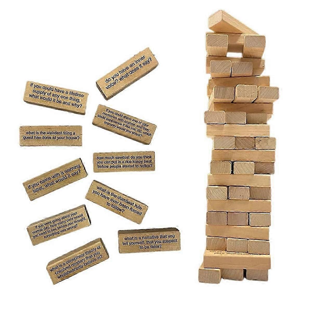 54 Pieces Questions Tumbling Tower Game, Giant Wood Stacking Game with Scoreboard, Ice Breaker Quest