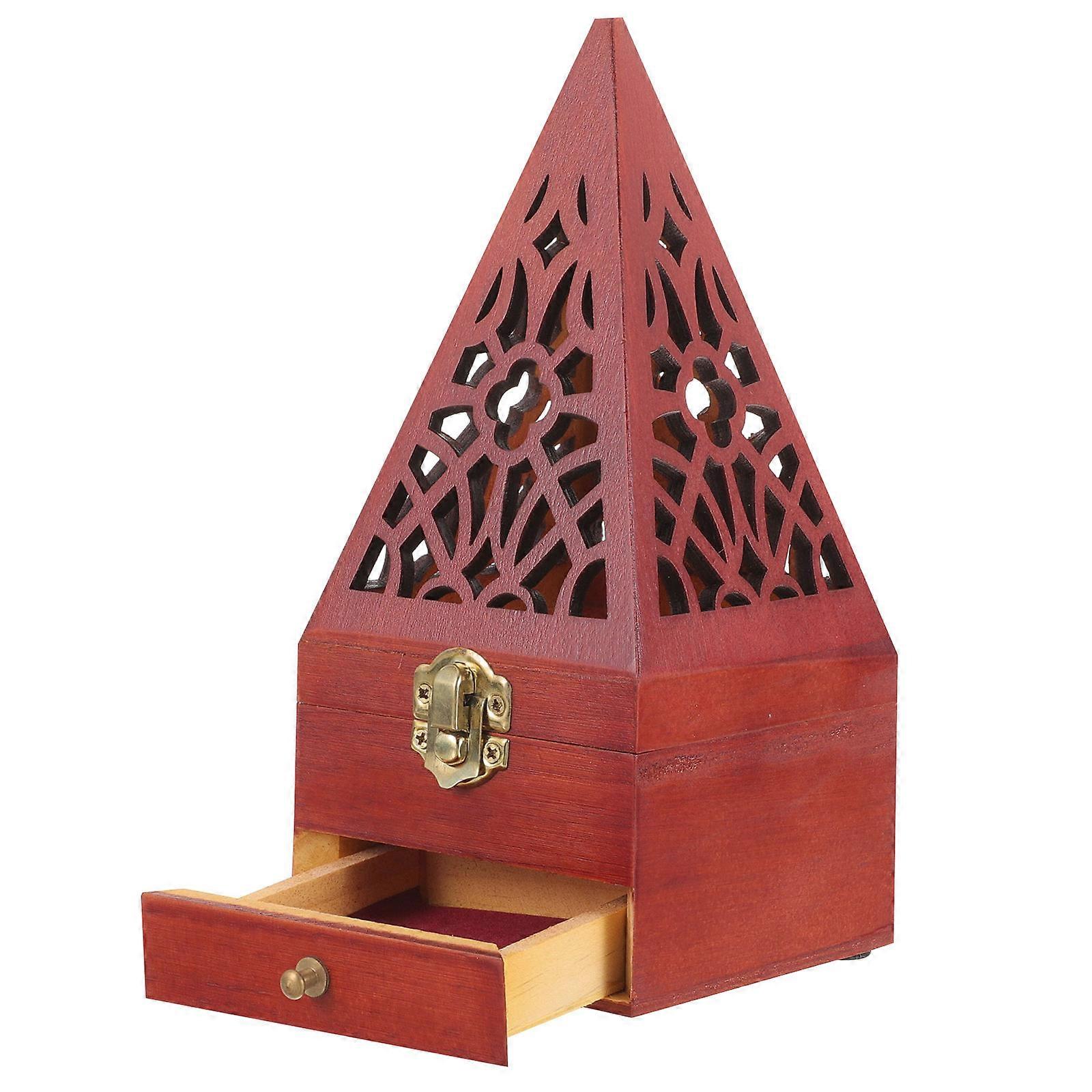 Incense Burner Wood Pyramid Tabletop Holder for 5Pcs with Drawer