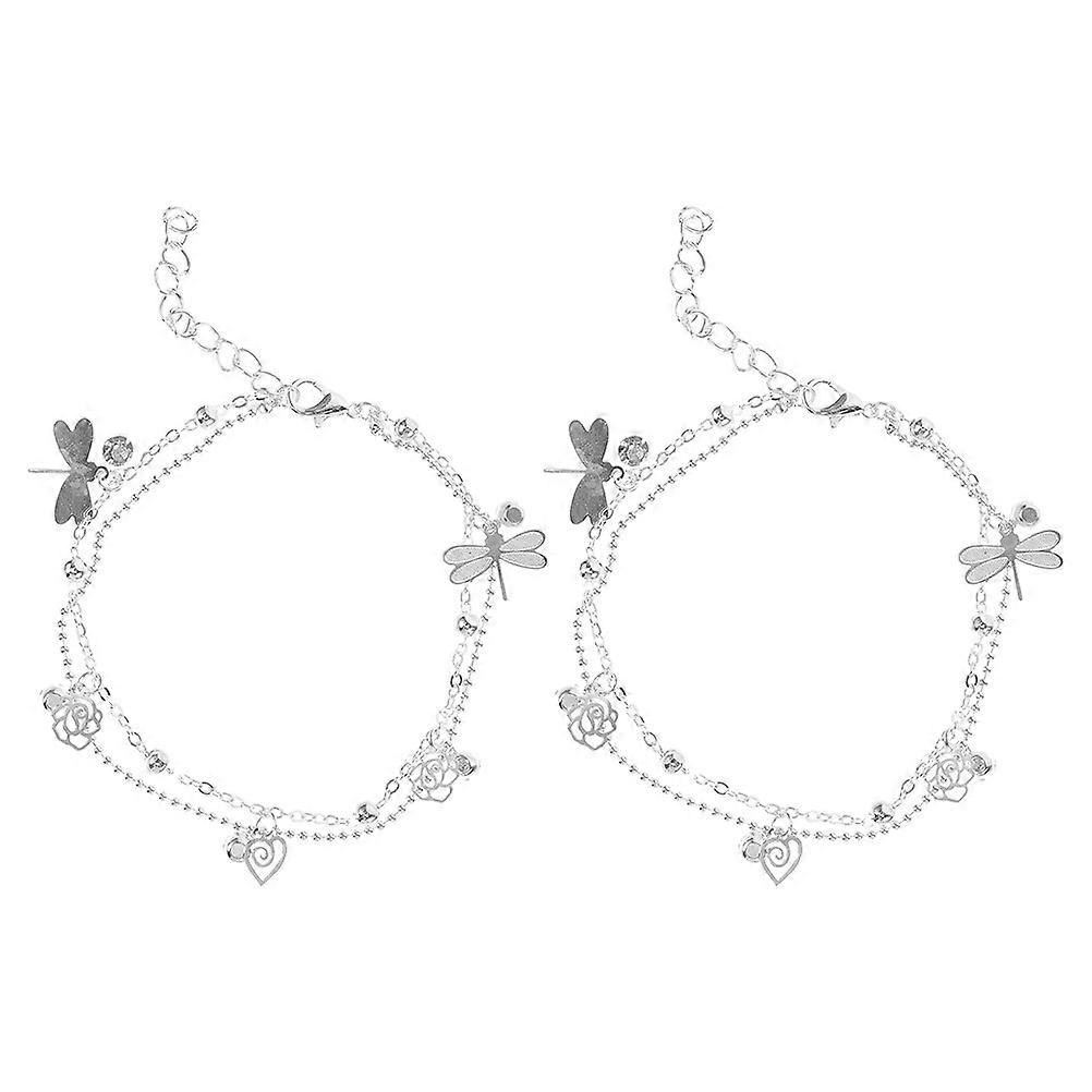 Fashionable Double Layer Silver Anklets for Women Adjustable Bracelets 2Pcs