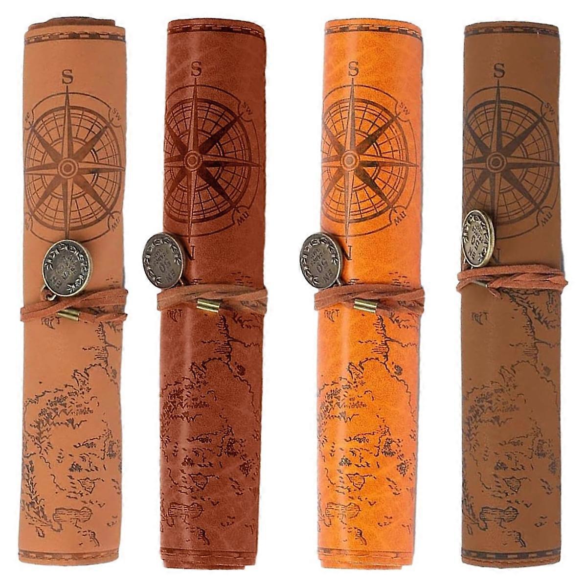 4 Pieces Leather Pencil Case, Map Rollup Pencil Bag,