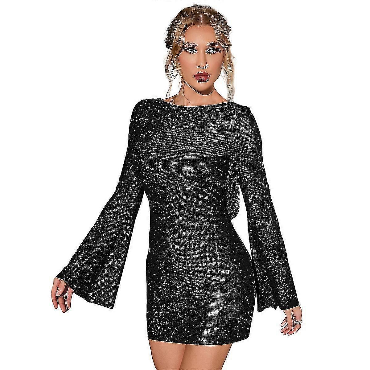 Women's Backless Flounce Sleeve Sparkling Mesh Mini Dress