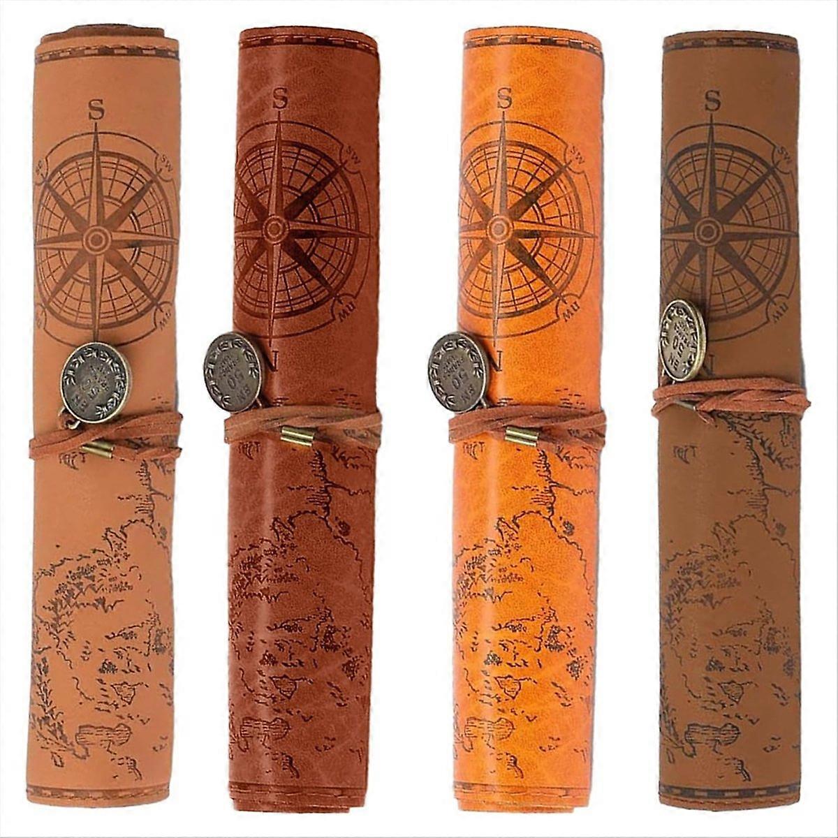 4 Pieces Leather Pencil Case, Creative Map Rollup Pencil Bag,