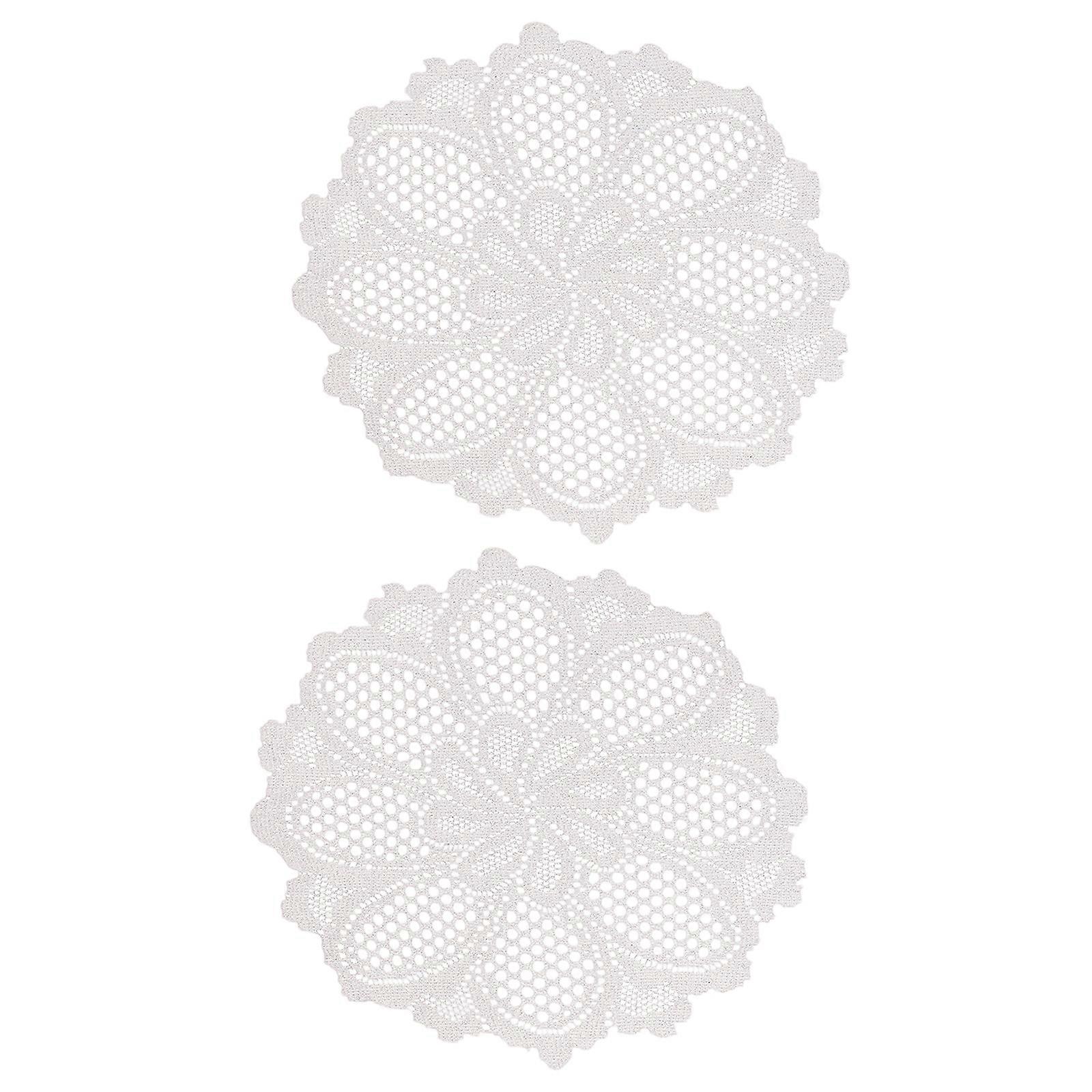 Set of 2 Lace Table Mats Florals Designs Polyester Fabric for Sofa End Tables and Tray Decoration  White