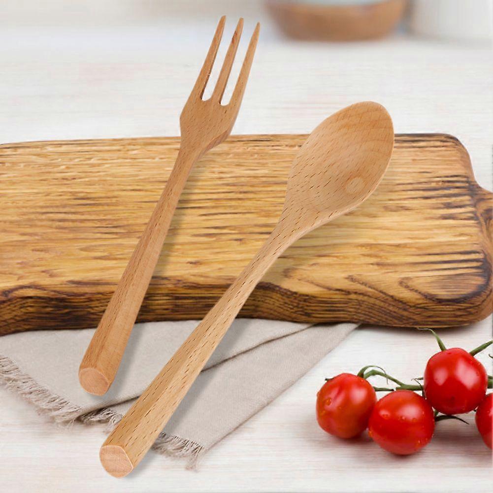 Natural Wooden Spoon and Fork Set Dessert Tableware for Kitchen Utensil(Spoon and Fork)SH
