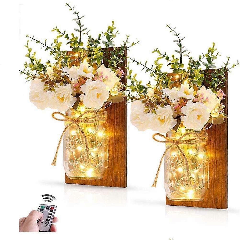 Mason Jar Wall Light Pack of 2 with Remote Control LED Fairy Lights and White Rose Rustic Home Decor