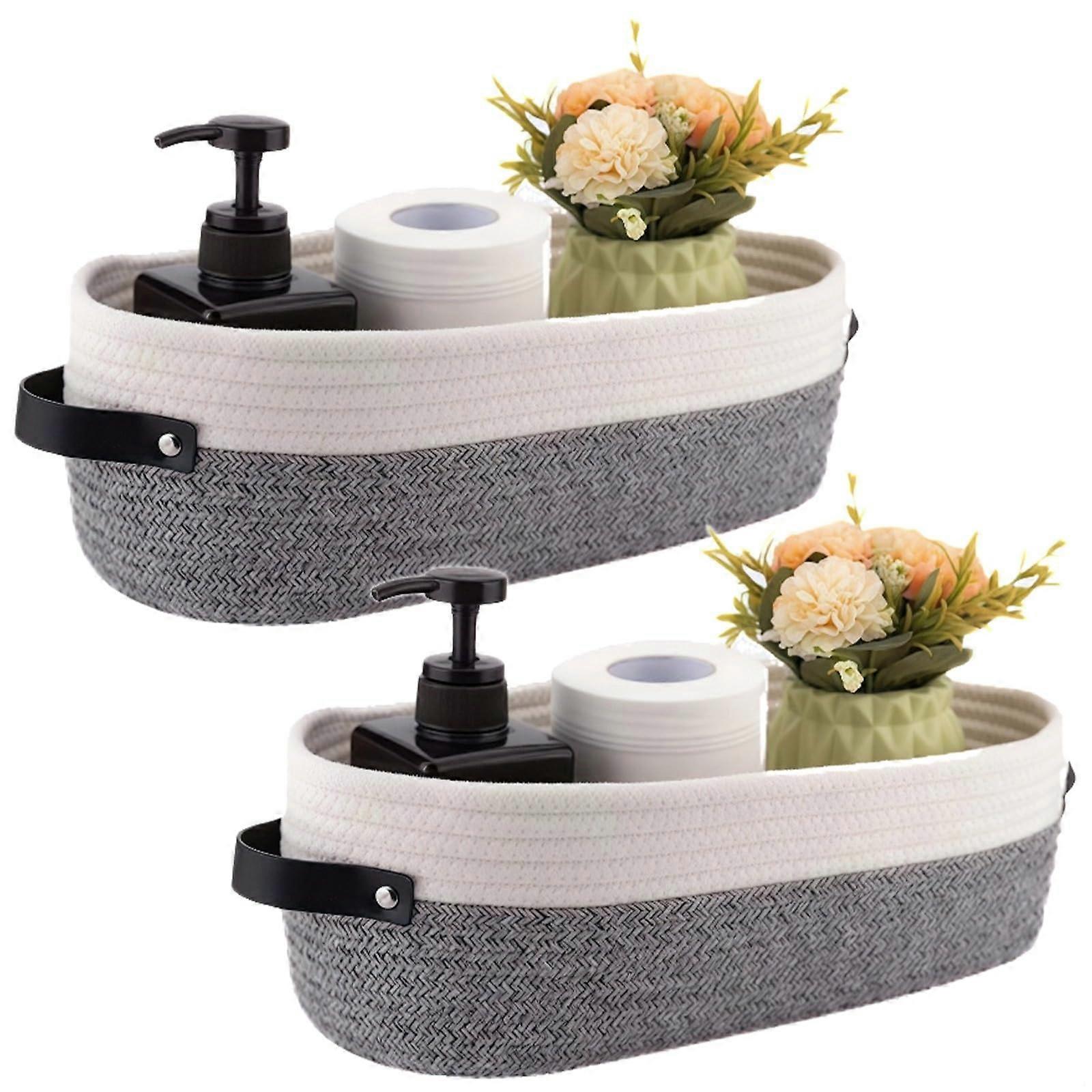 Cotton Rope Oval Baskets With Leather Handles, 2 Pcs Storage Containers For Nursery And Bathroom Organization