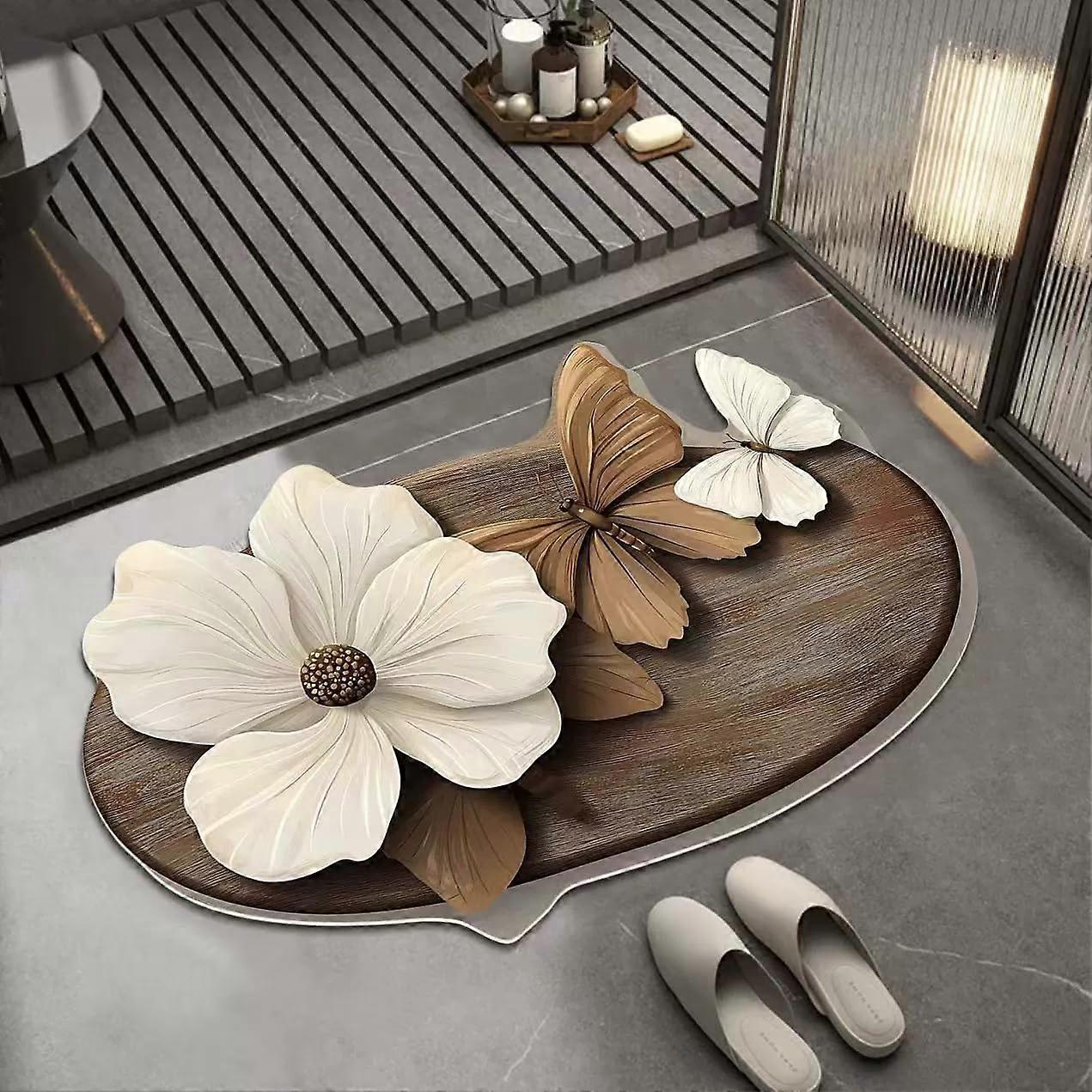 3D NonSlip Bathroom Mat with Realistic Flower Pattern, Soft Absorbent Rubber Rug, Large Size