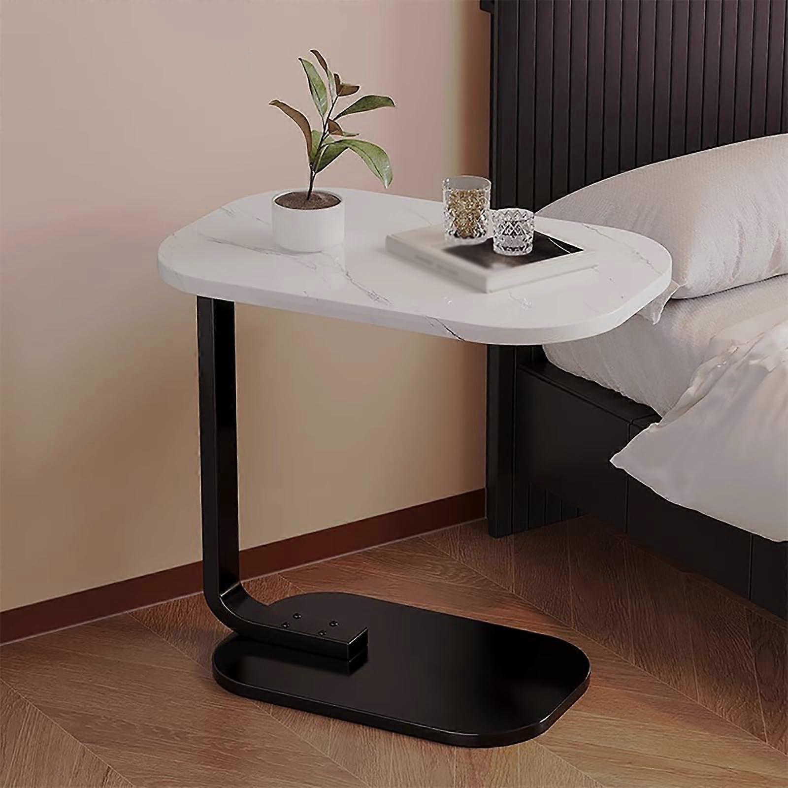 C Shaped Side Table for Bedroom Sofa, White Bedside End Table with Stable Steel Frame, SpaceSaving Design