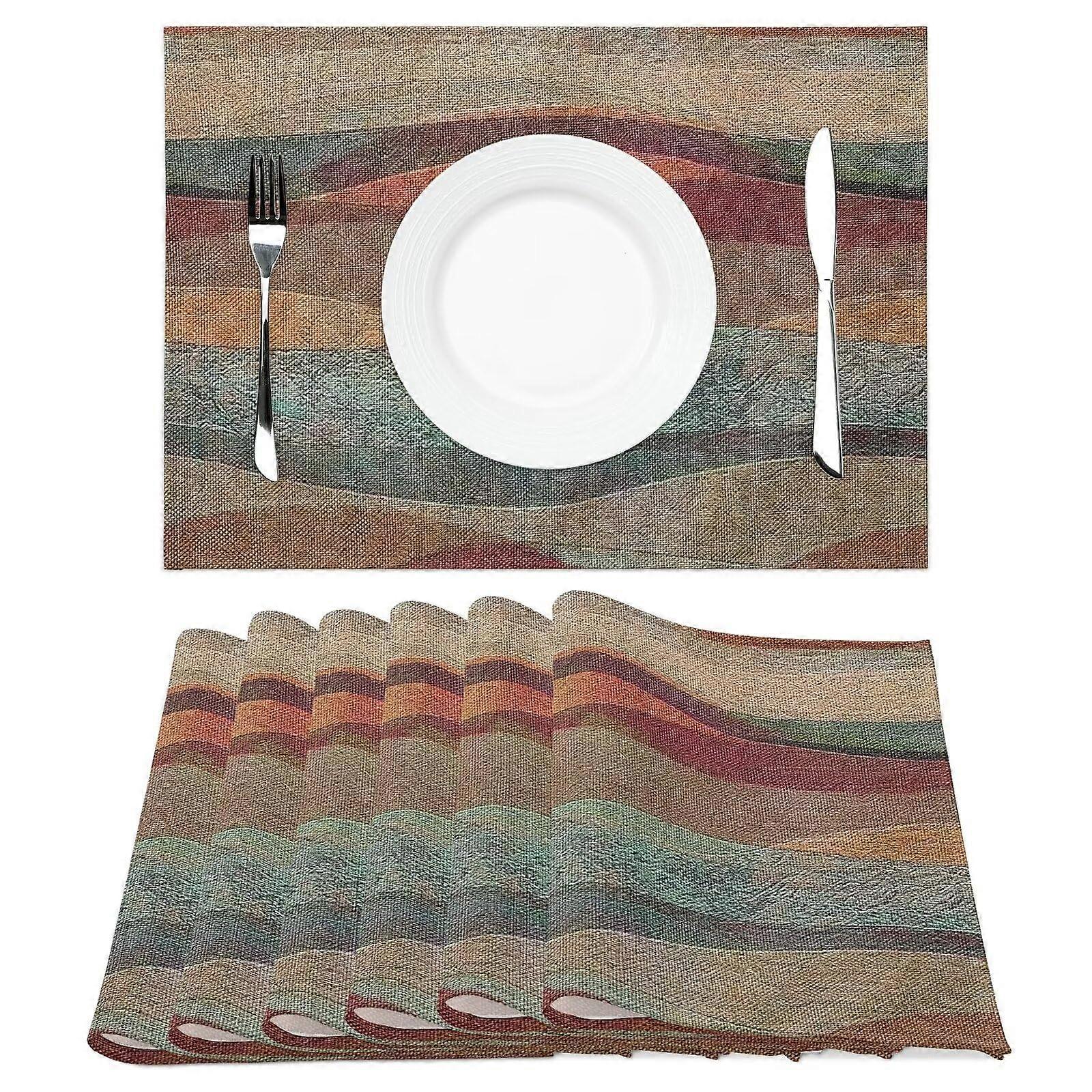 Placemats Set of 6 Linen Dining Table Mats Heat Resistant Non Slip Turquoise Striped 12x18 Inch