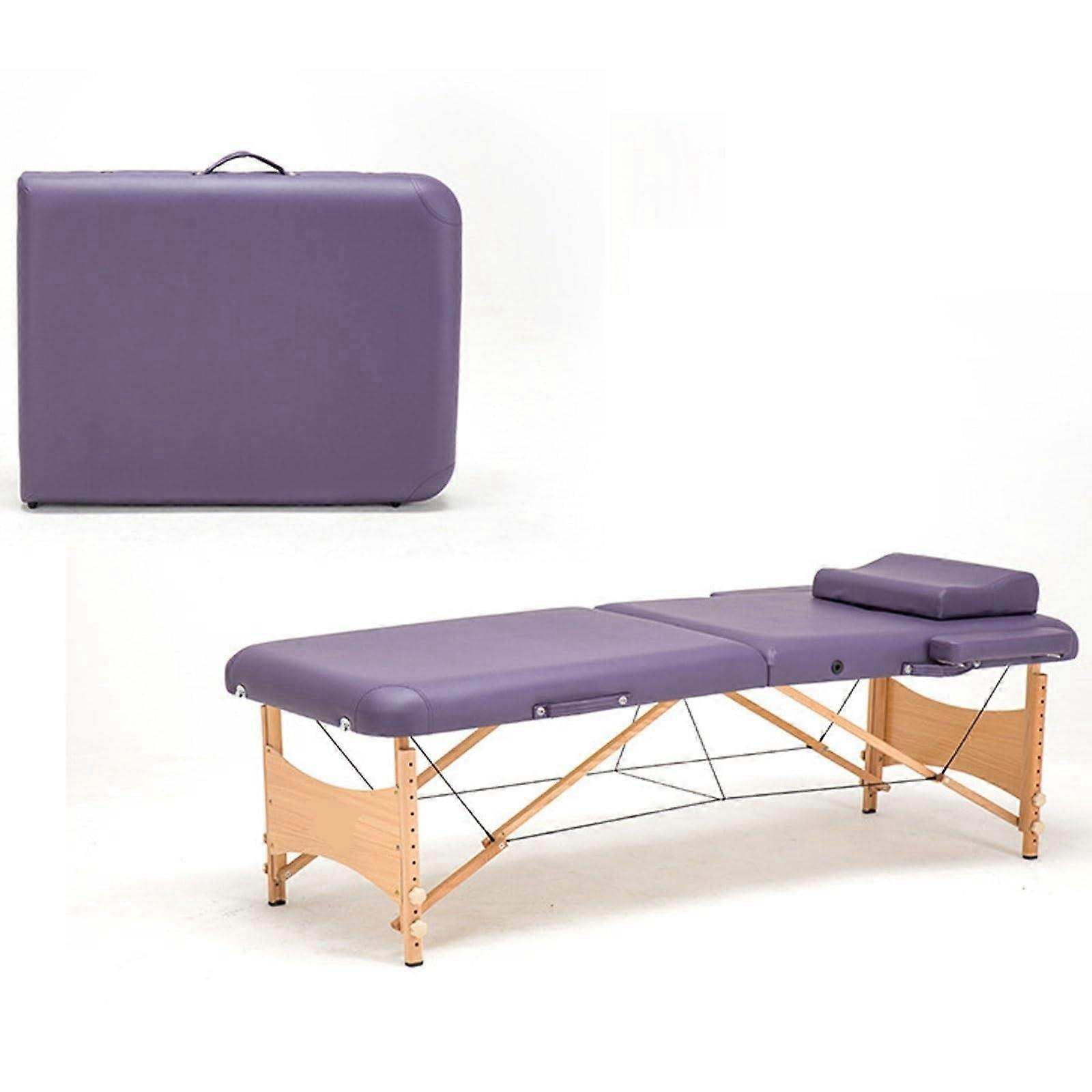 Massage Table Adjustable Height Folding Beech Wood Frame PVC Leather with Headrest Armrests Purple