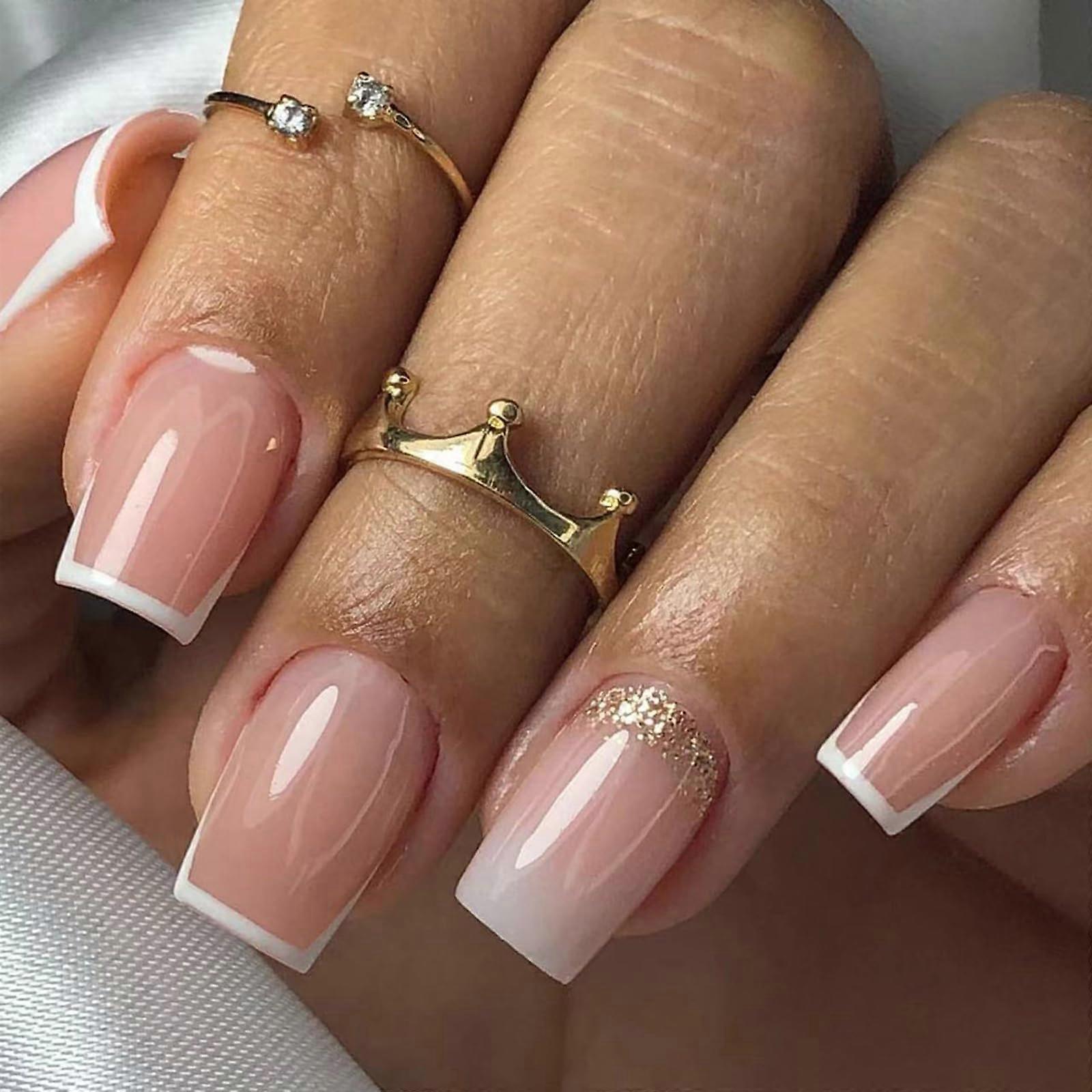 Medium Square French Tip Press on Nails Set, Nude Gradient Reusable Acrylic Glue on Nails