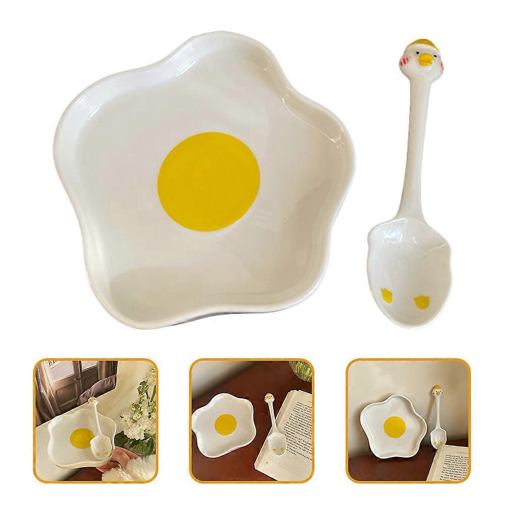 Ceramic Dessert Plate Poached Egg Shaped for Home Use 1Set with Spoon