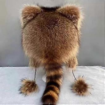 Wintermuts van imitatiebont met wasbeerstaart, verdikte thermische muts met oorbescherming, ronde platte bovenkant voor herfst en winter