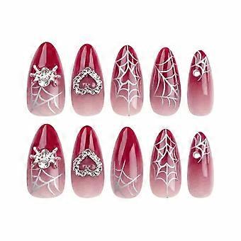 Medium Almond Press On Nails Set Red Gradient Design with 3D Spider Heart Charm 24Pcs Reusable
