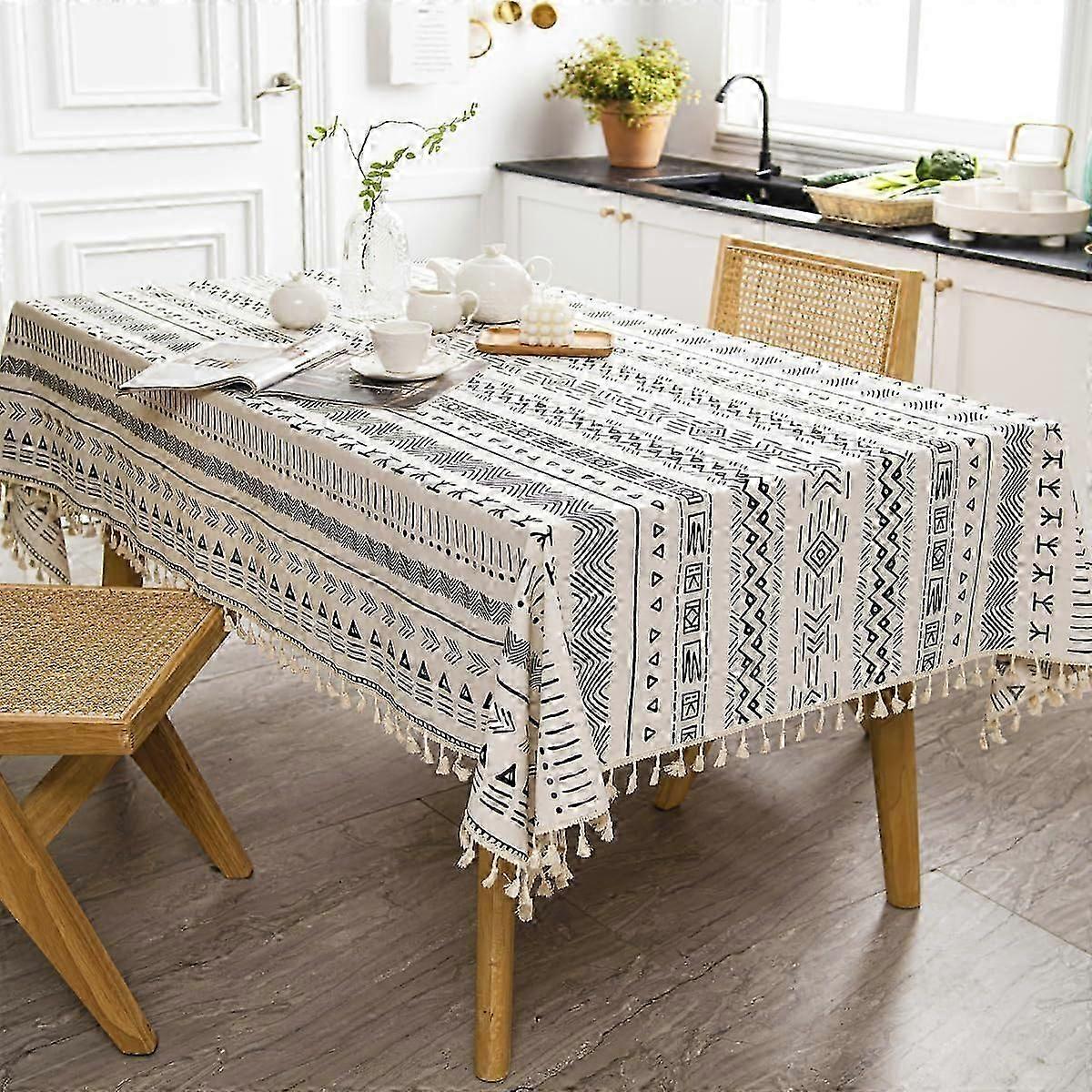 Tablecloth Boho Linen Look Rectangular Tassel Tablecloth Washable