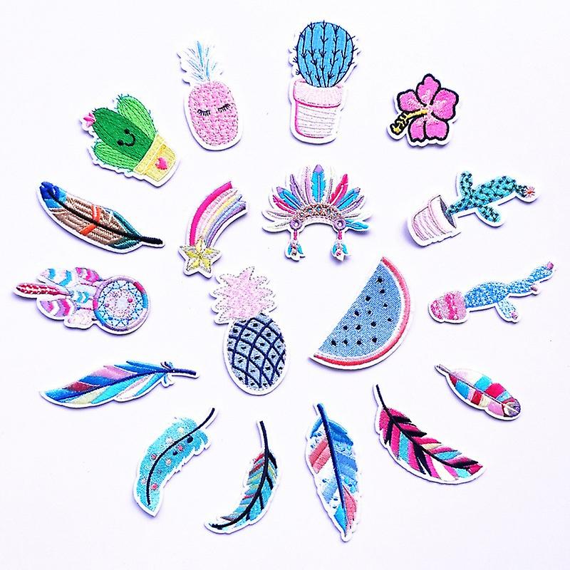Set of 18 Iron-On Patches for Clothing with Tropical Elements Cactus Fruit Tribal Feathers DIY for Jeans Clothes Handbags Shoes or Caps for Kids and A