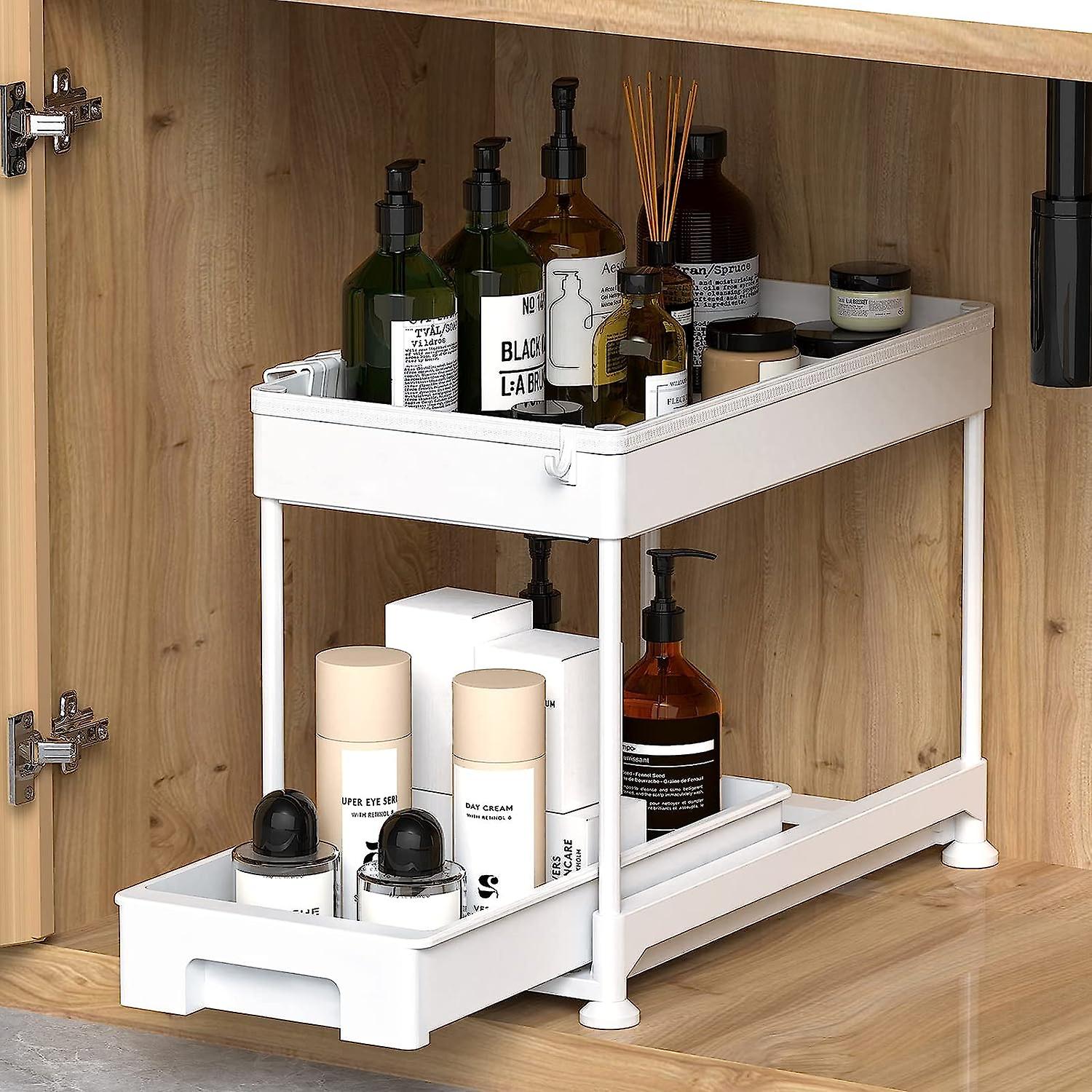 2 Tier Kitchen Under Sink Storage with Sliding Drawer, Multi-Function Storage Shelf with Hooks for Kitchen, Bathroom, Laundry Room, White