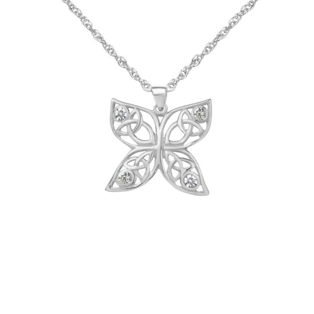 Celtic Holy Trinity Knots Butterfly Shaped Necklace Pendant - Cubic Zirconia Crystals - Includes A 16"Silver Chain