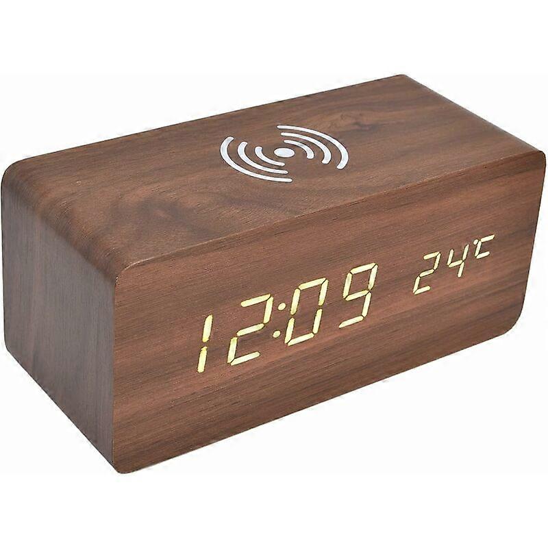 Wooden Digital Alarm Clock, 12/24 Hour Radio Alarm Clocks LED Electronic Clock with Fast Wireless Charging Dock, Auto Temperature Sensing Wooden LED D
