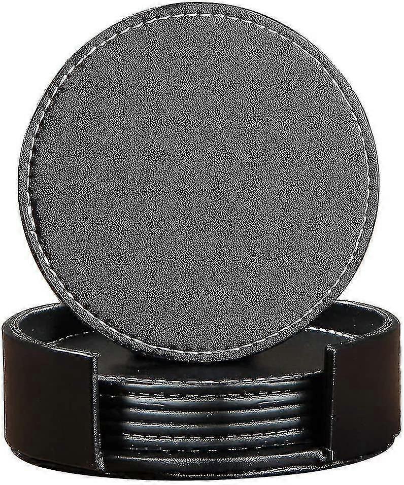Drinks Coasters 6pcs With Holder, Pu Leather Pads Black Round Table Mats For Bar Kitchen Dinning, Avoid Water Stains Or Damage Furniture A