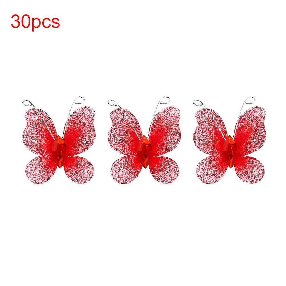 30pcs Wired Mesh Glitter Butterflies with Artificial Gem DIY Handmade Crafts for Weeding Party Home DecorationRed