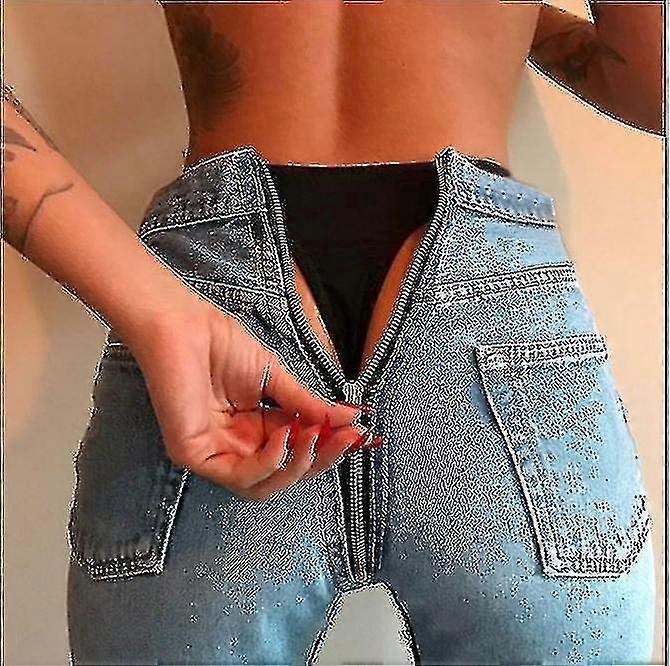 Womens Denim Zip Open Back Distressed High Waist Skinny Jeans Trousers Pants-yujia