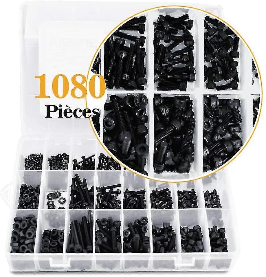 Assortiment de 1 080 vis à tête hexagonale à six pans creux en acier au carbone M2, M3, M4, avec écrous