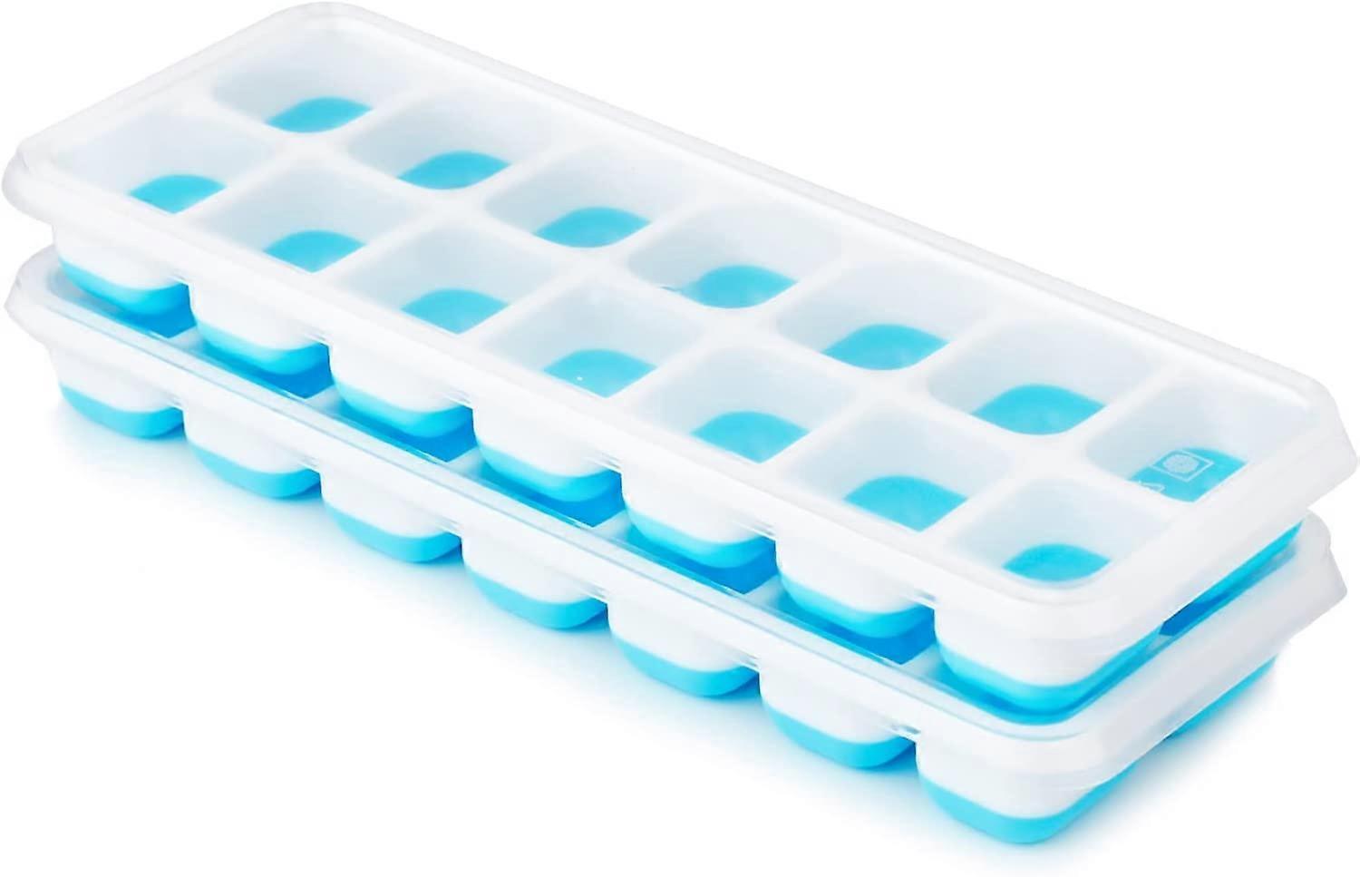Set of 2 blue silicone ice cube trays with lids, space saving, stackable, LFGB certified, BPA free, easy to remove square ice cube trays.