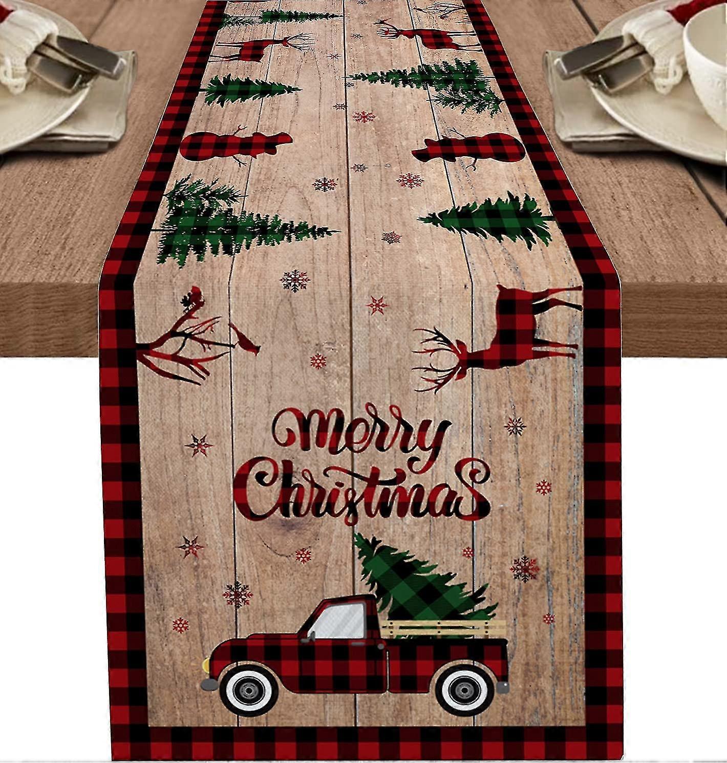 ダイニングルーム、キッチン、リビングルーム、パーティーテーブルの装飾のためのクリスマスツリースノーフレーク醜いプリントと赤いチェック柄の木製テクスチャトラック