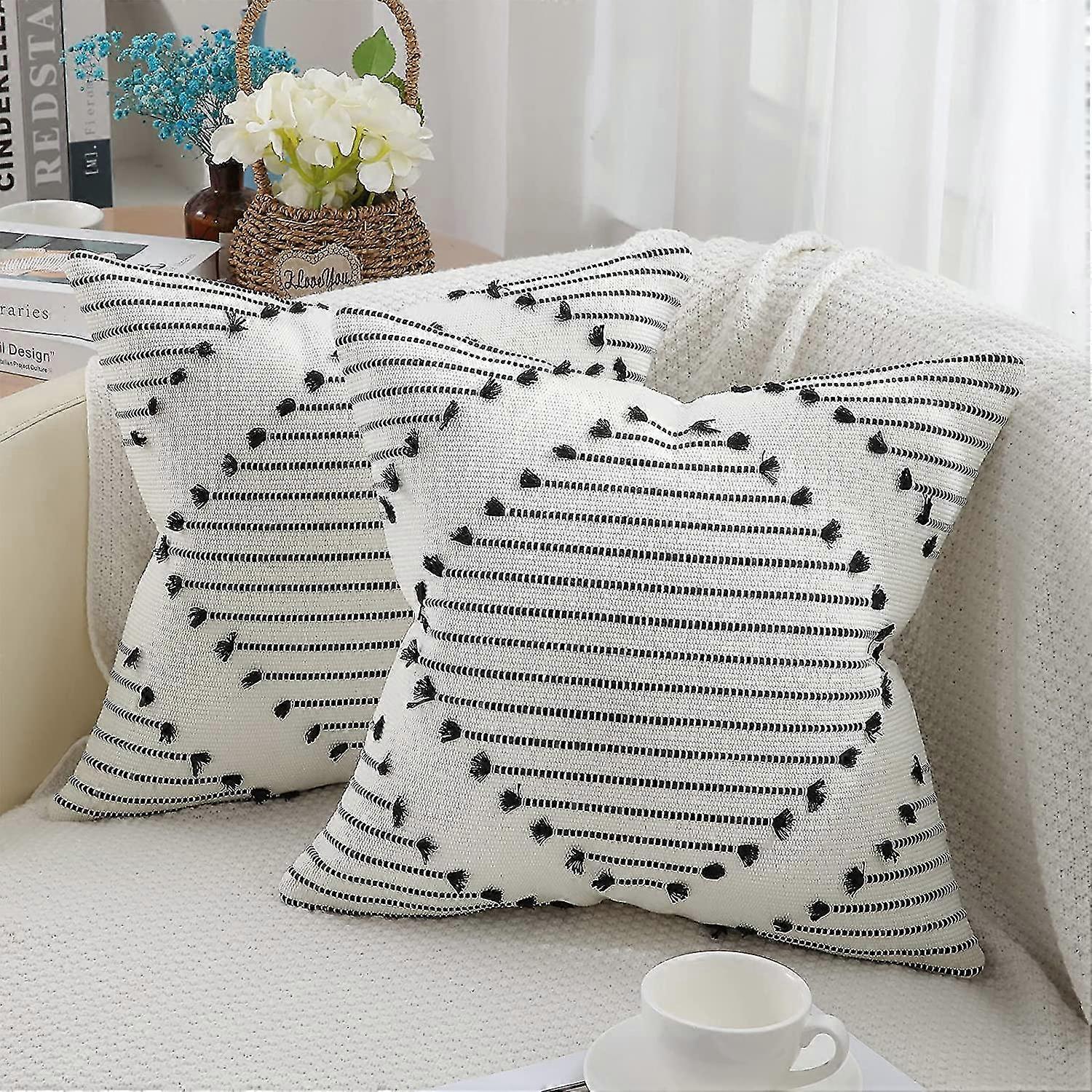 Boho Throw Pudebetræk Sort Og Creme Hvid Pudebetræk 20x20 Sæt med 2 Bondegård Dekorative Pudebetræk Til Sofa Sofa Stue