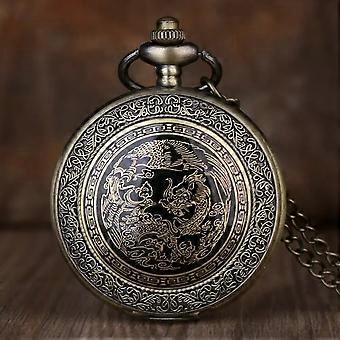Retro Bronze Drachenmuster Design Taschenuhr Halskette Anhänger Quarz Fob Uhr Herren Damen Geschenke