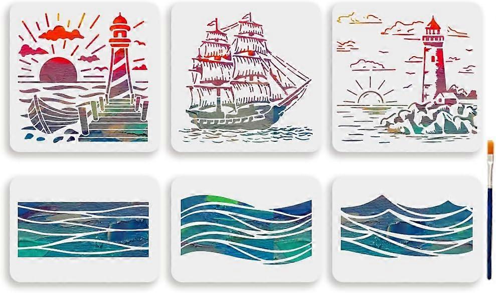 6pcs Lighthouse Sea Wave Stencil 11.811.8/11.78.3inch Nautical Ocean Ship Stencils Reusable Island Lighthouse Sunset Wave Template for Painting on Woo