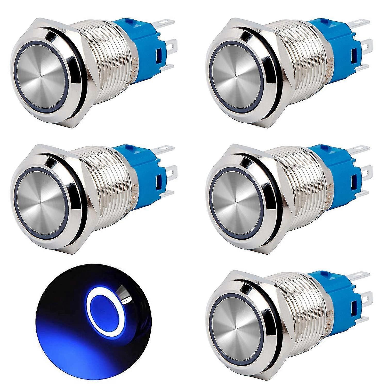 16mm Momentary Push Button Dc 12v/24v 3a Waterproof Chrome Brass Switches With Led Light Blue Ring 5 Pieces