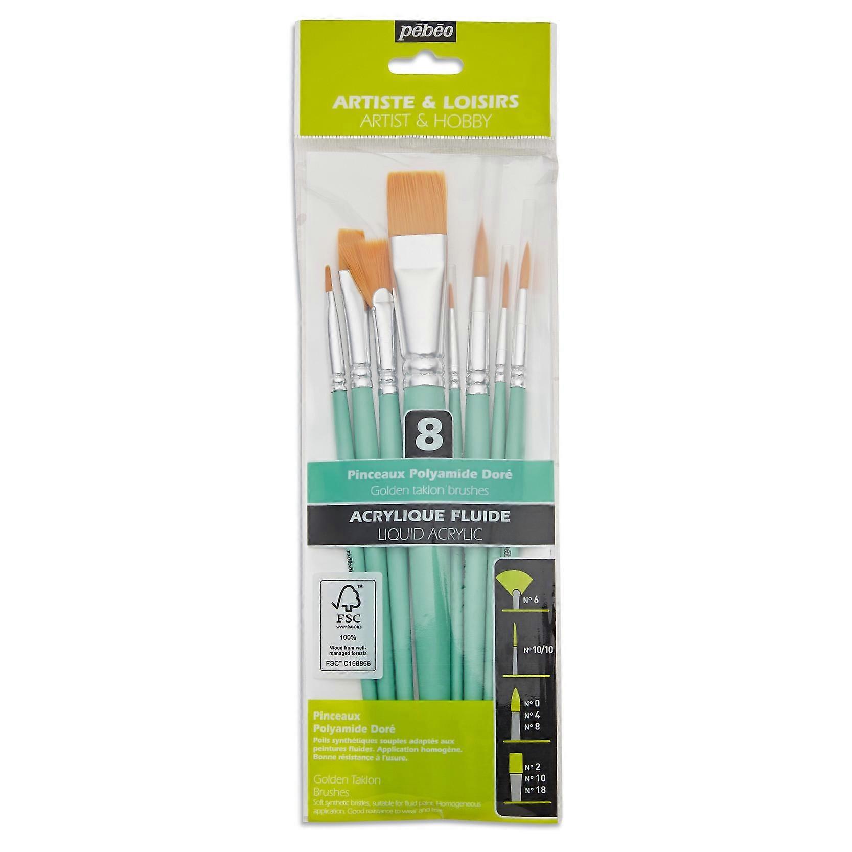 Pebeo Liquid Acrylic Gold Taklon Assorted Paint Brush Set 8pc