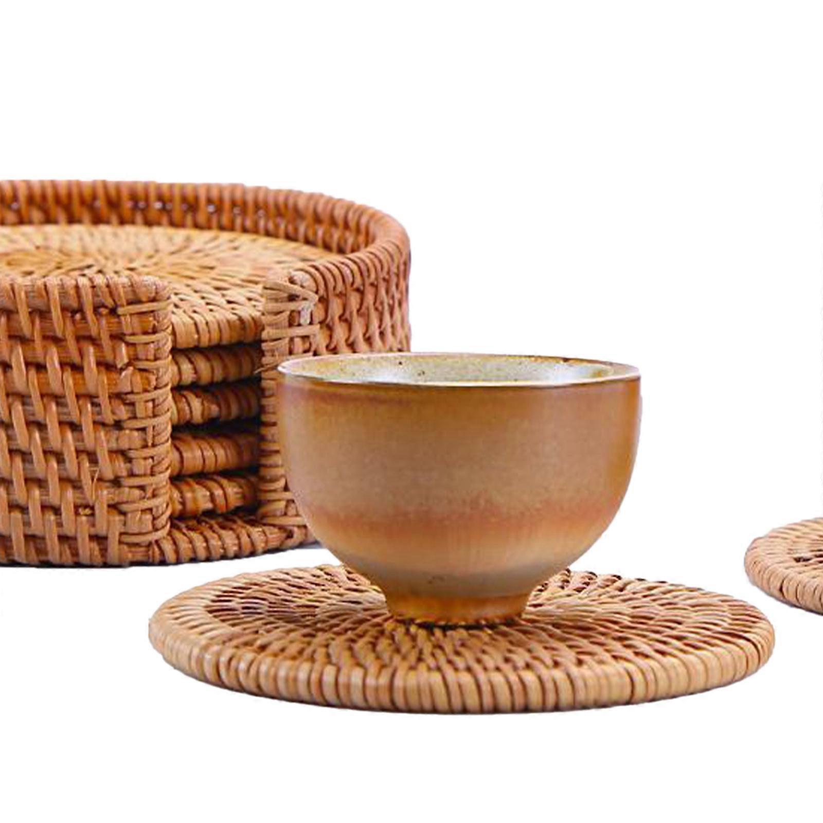 Handmade Wicker Coasters - Reusable Rattan Tea Cup Pad - Heat Resistant Tableware Decor - Set of 6