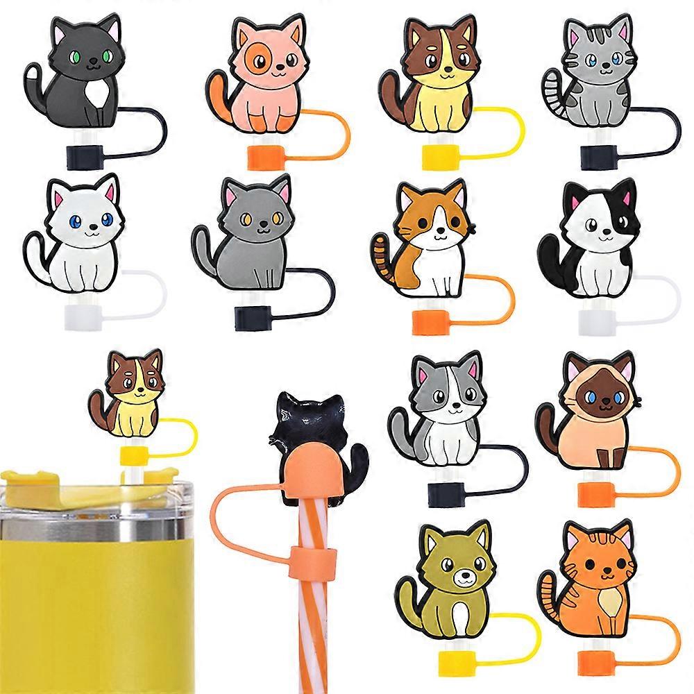 13Pcs Cat Silicone Straw Covers, Reusable Cute Straw Toppers and Caps For 10mm Straws