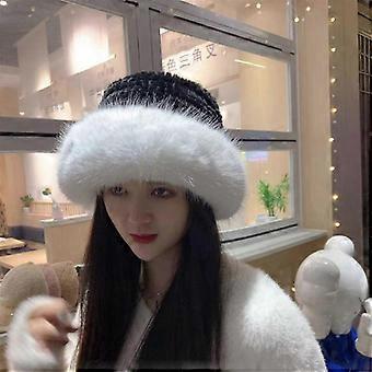 Winter Faux Fur Bucket Hat Warme, pluche bescherming tegen kou Modieuze wintermuts voor dames Winter Cap-zwart + wit