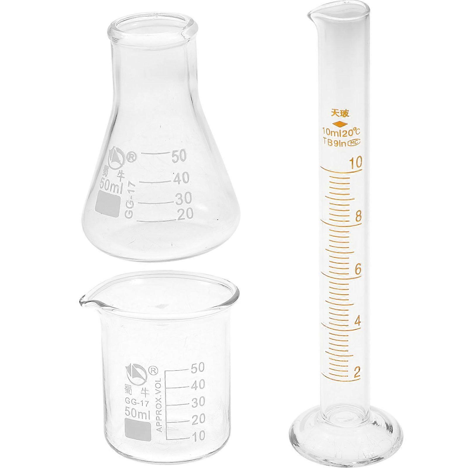3stk laboratorieartikler (glasbægermålecylinder og konisk flaske)