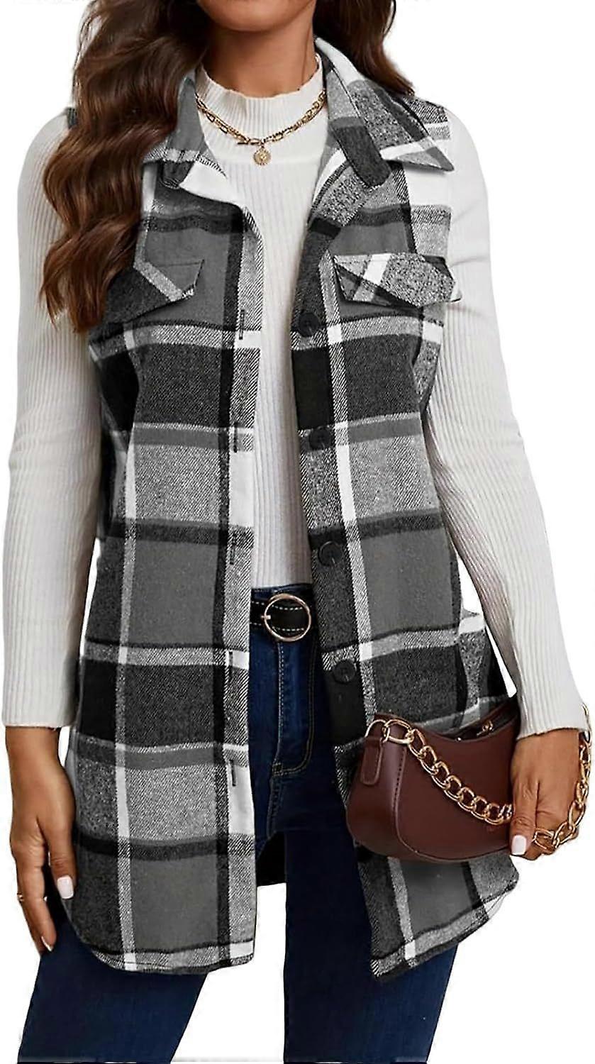 Womens Rutig väst Höst Flanellväst Casual Button Down Skjortor Ärmlös Lång Jacka Lätt Kavajslag Hals Kappa