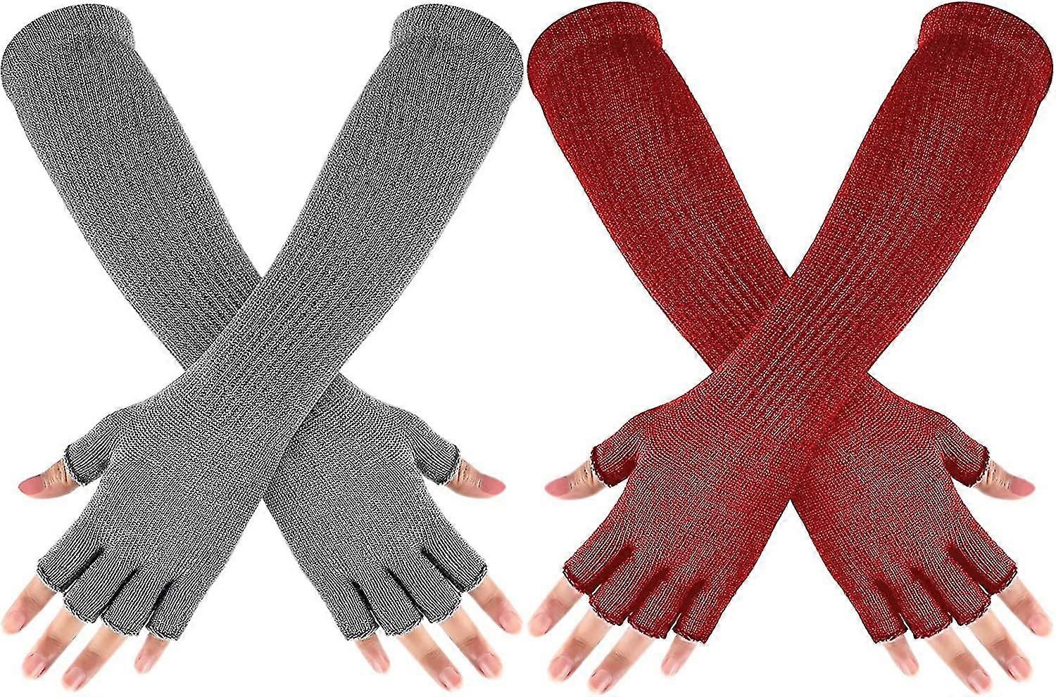 Althee 2 Pairs Winter Fingerless Gloves Long Thermal Knitted Mittens Stretchy Arm Warmers Half Finger