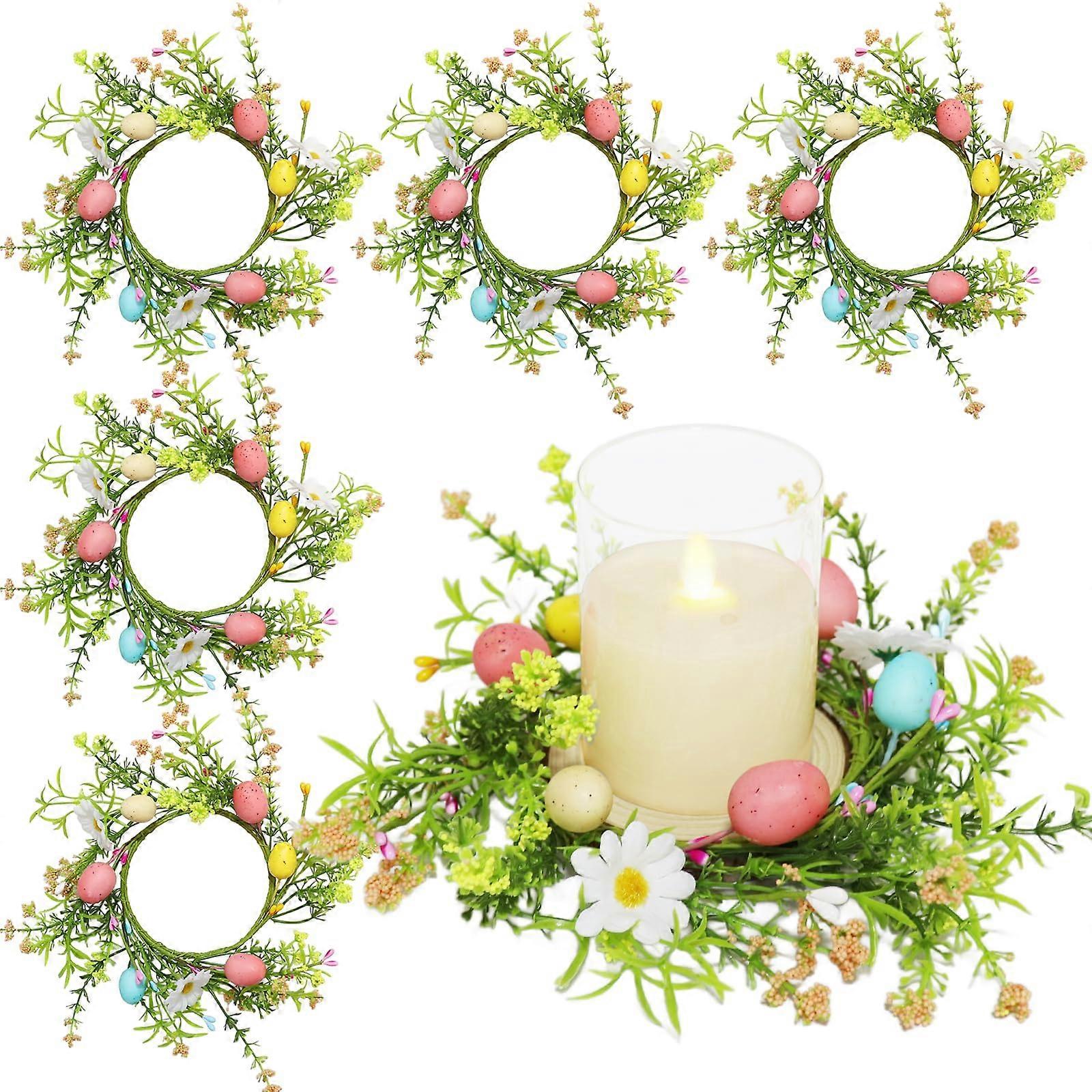 6 Set Candle Wreath Colorful Eggs Daisy Green Table Leaves Centerpiece Spring Wreath for Decor Small