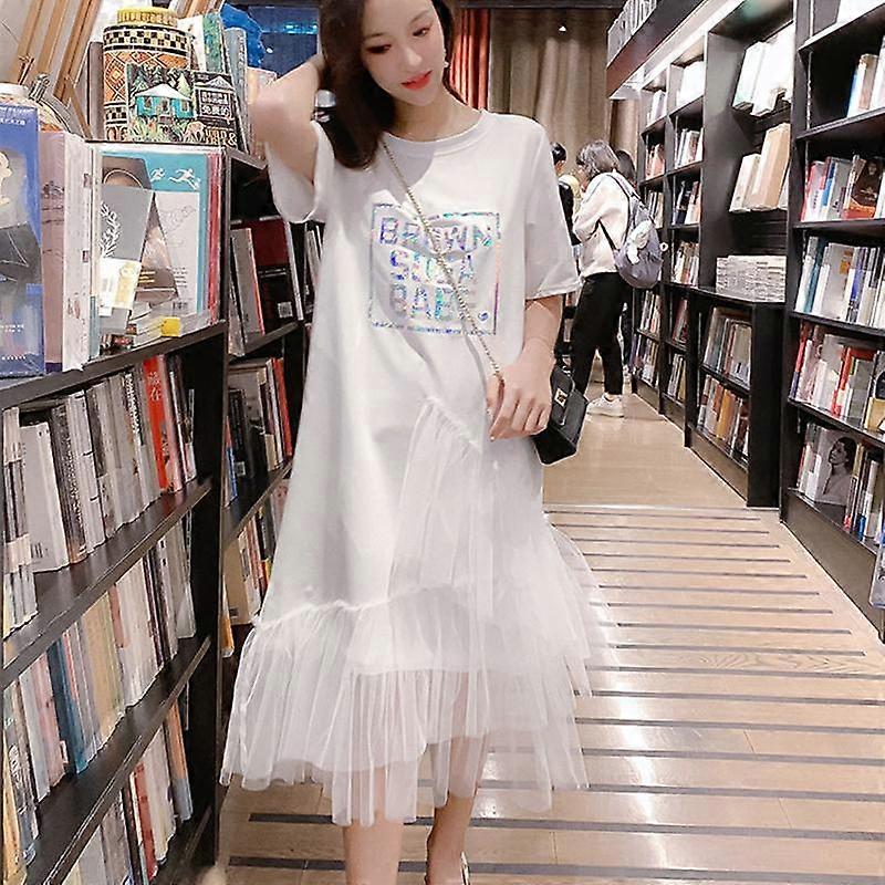 Rochie Femeie Student Versiune Coreeană Loose Dimensiune Mare Net Fire Fustă de Zână Vară Mic Proaspăt T-tricou Rochie Lungă