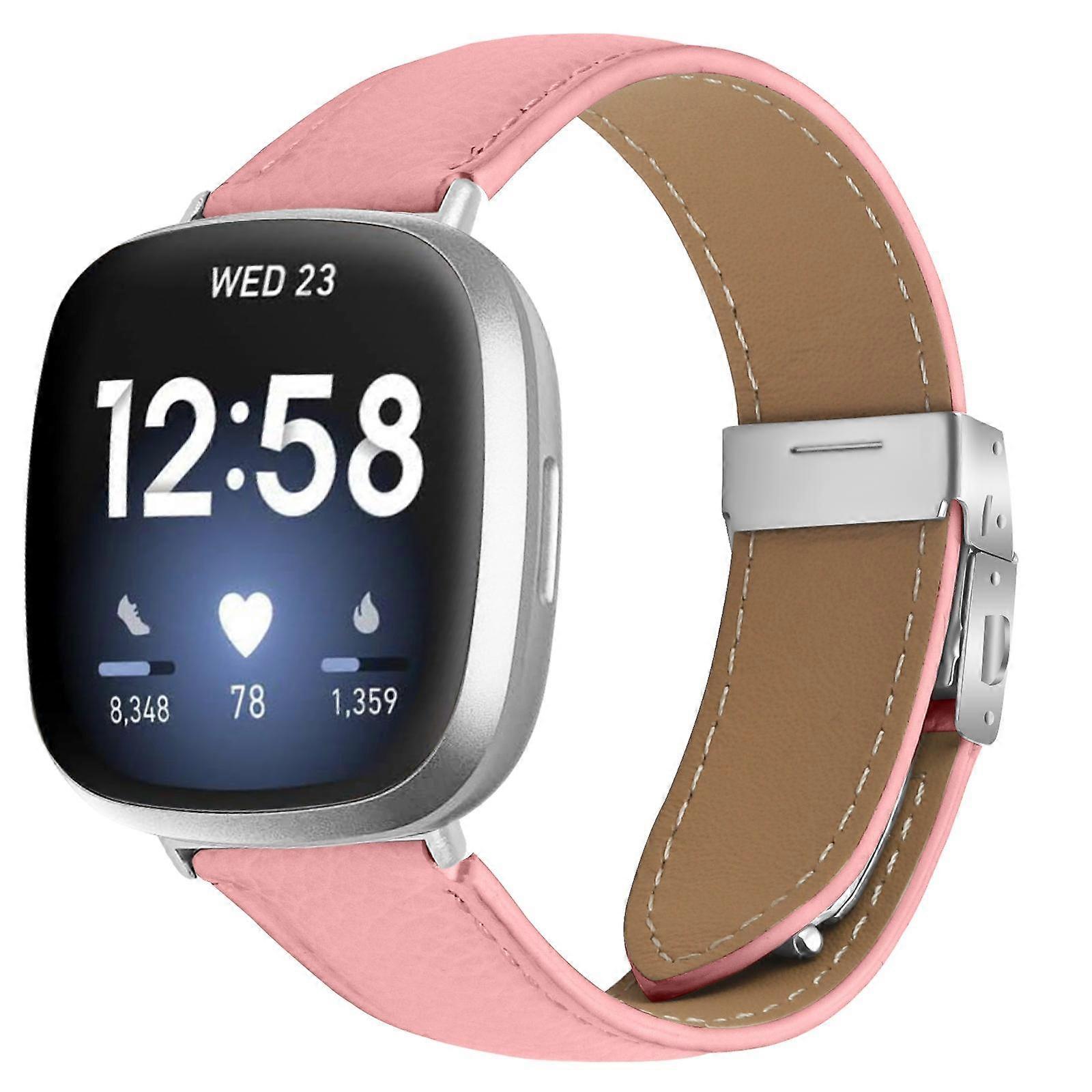 Lychee Texture Silver Turtle Back Buckle Leather Watch Band For Fitbit Versa 3 / 4