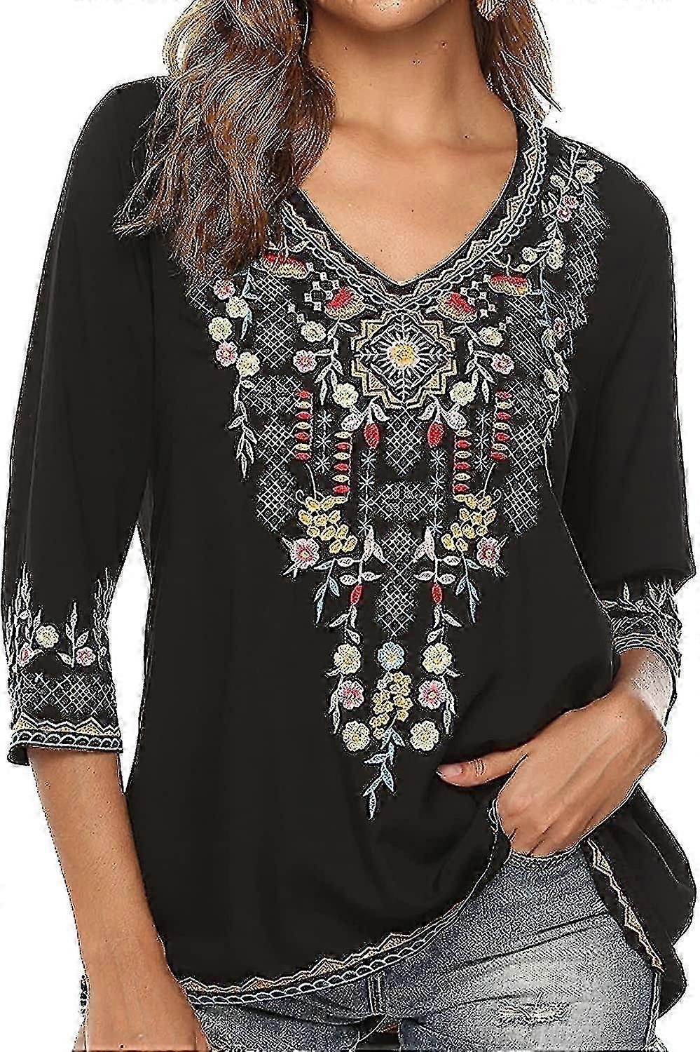 Kadınlar Için Meksika İşlemeli Gömlek Boho Üstler Ve Bluzlar 3/4 Kollu Bohem Köylü Yaz Güz Tunik Üst