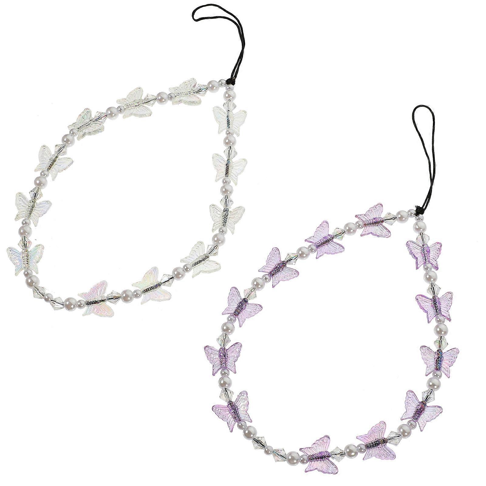 Cute Phone Charm Strap Beaded Butterfly Phone Chain Daily Use Assorted Color Anti-slip 2Pcs