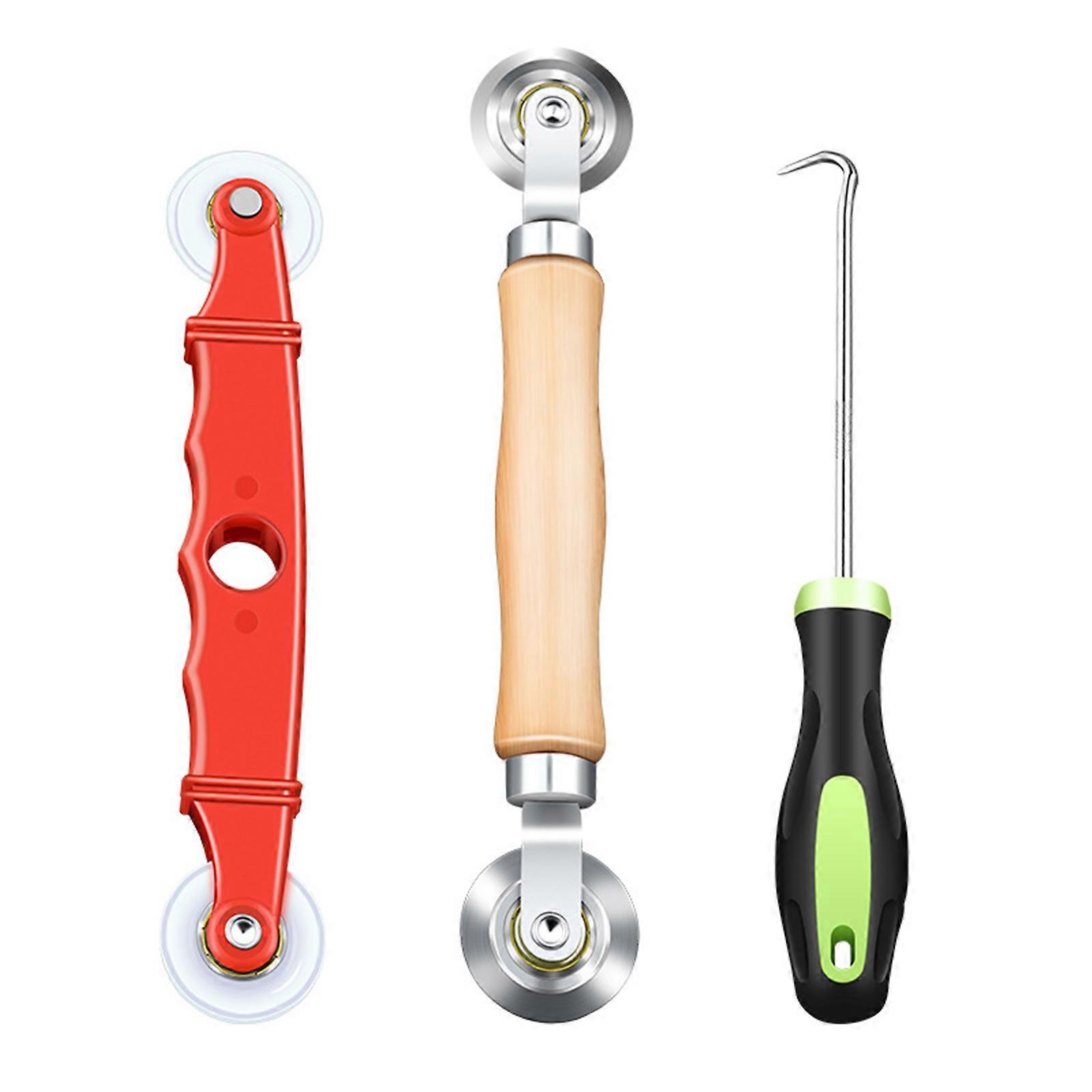 Heavy Duty Spline Installation Kit 3 Tool With Rubber Strips Hook And Ergonomic Wooden Handle For Insect Screen Maintenance