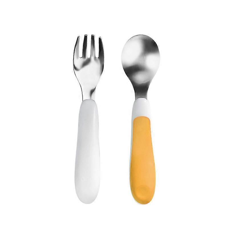 (Orange) Infants and Toddlers Learn to Eat Training Fork Spoon Feeding Cutlery Fork and Spoon
