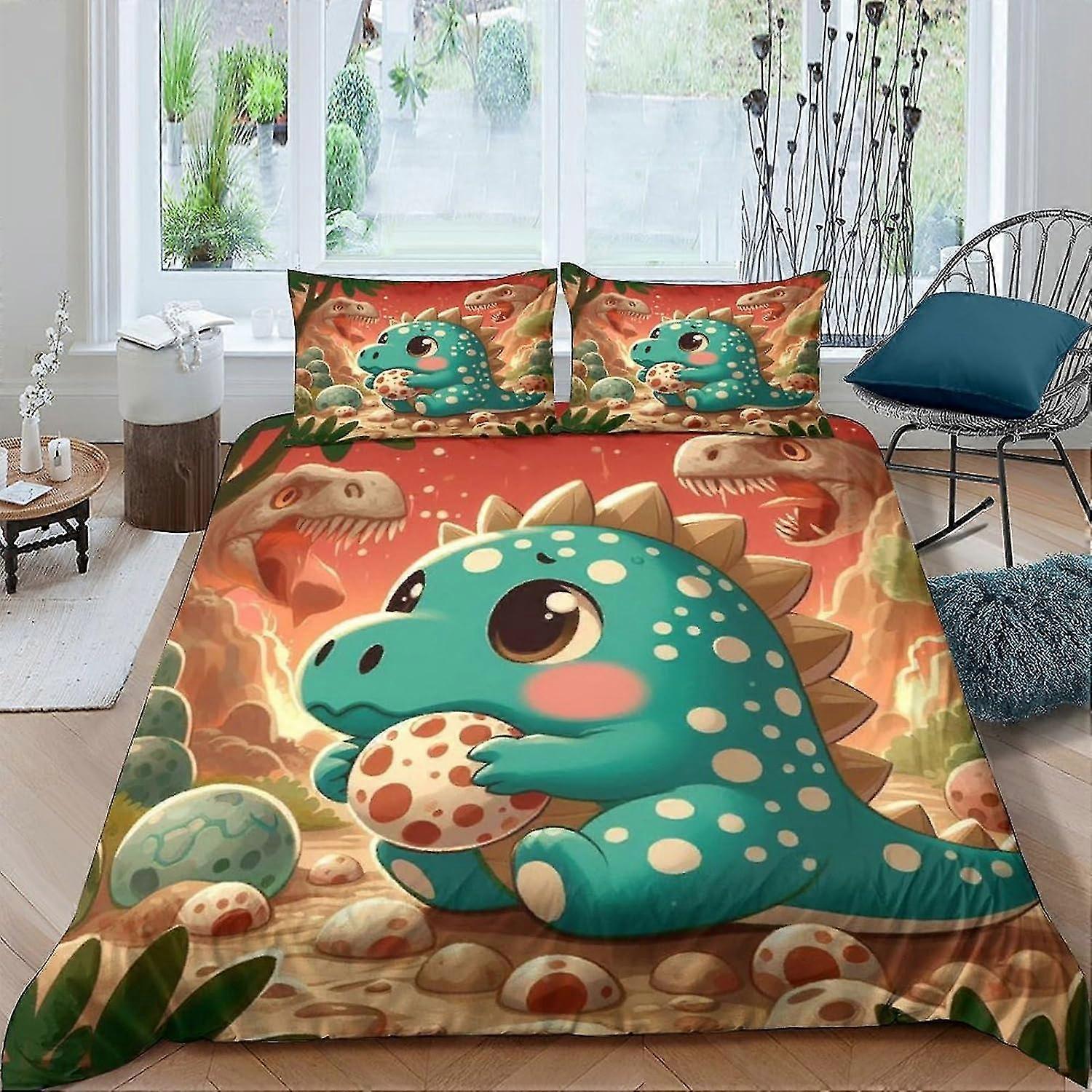 Conjunto de capa de edredão de dinossauro dos desenhos animados Conjuntos de cama 3D Capa de colcha de microfibra com fecho de zíper Conjunto de 3 peças Capa de edredom duplo