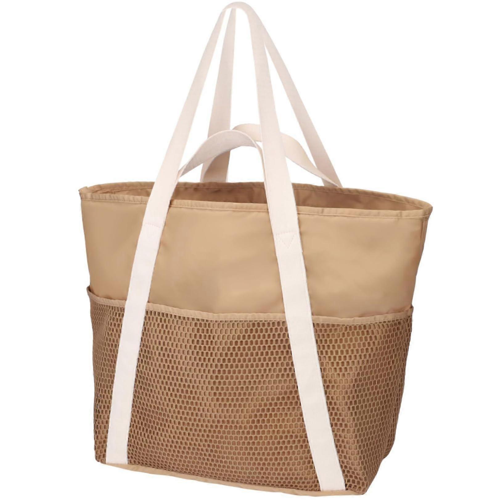 8Pocket Beach Bag Large Capacity Mesh Bag Machine Washable Sandproof Waterproof with Zipper for Pool Trips Khaki