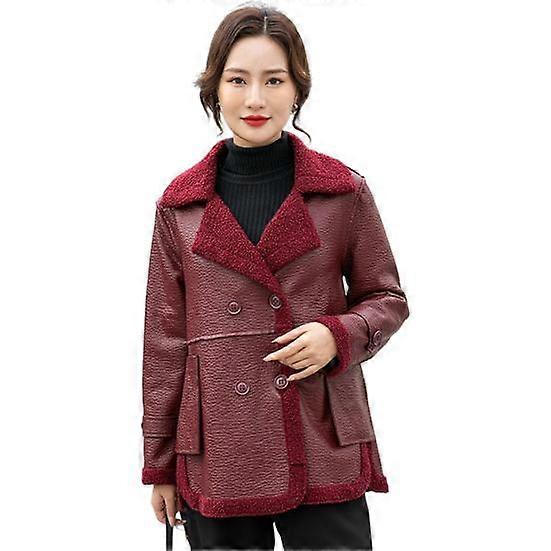 Autumn Winter Women Jacket Thickened Fleece Faux Leather Patchwork Dual-sided Mid Length Plus Size Pockets Double-breasted Notch Collar Overcoat
